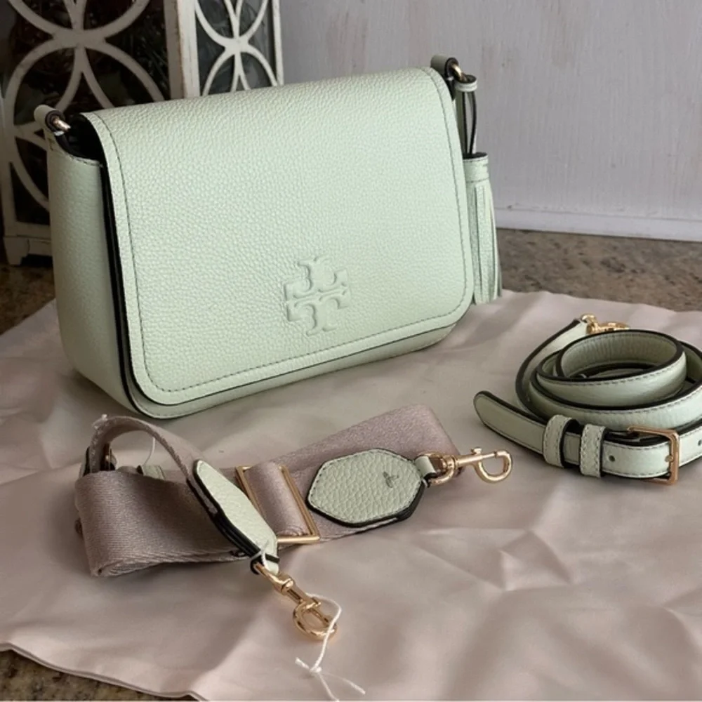 New Tory Burch Thea web flap green mist double straps